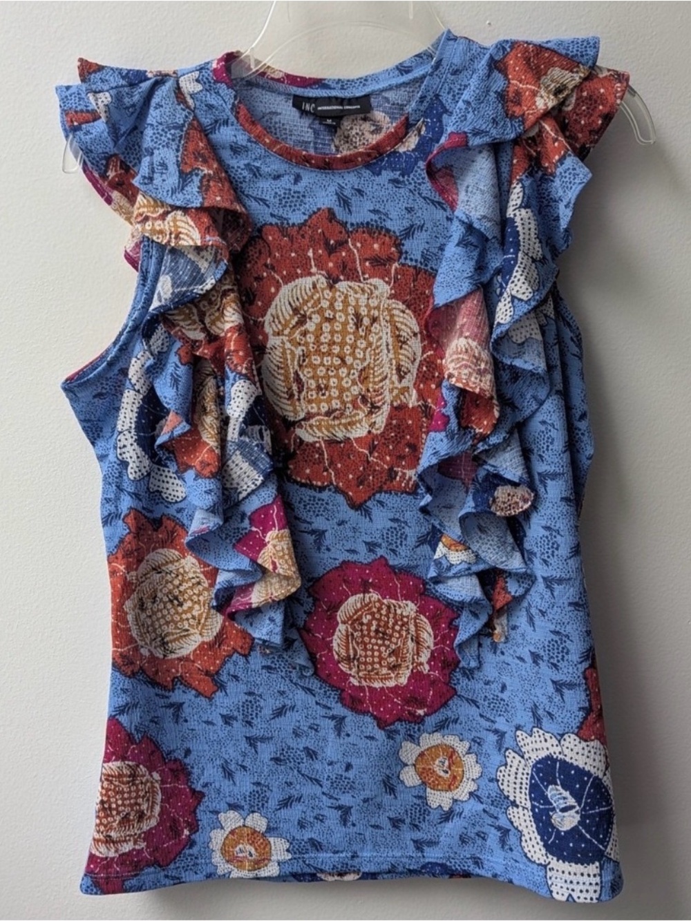 INC International Concepts Blue Floral Ruffle Sleeveless Top